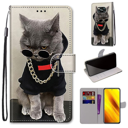 PU leather wallet phone case with lanyard, grey cat with glasses print, flip cover, card slots