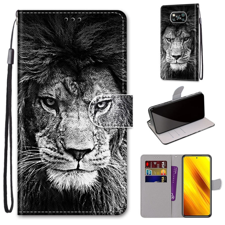 PU leather wallet phone case with lanyard, black-and-white lion face print, flip cover