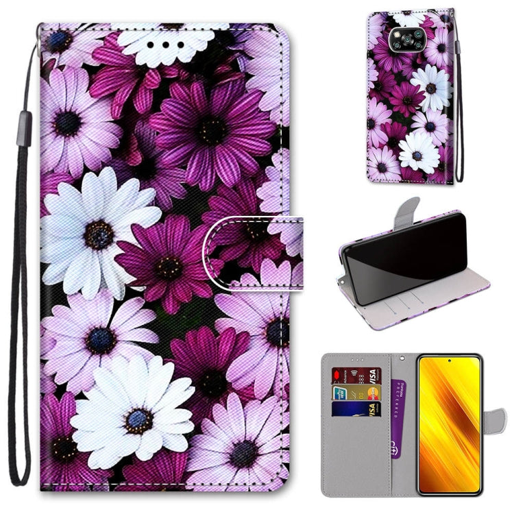 Purple and white daisy floral PU leather phone wallet flip case with card slots and wrist strap