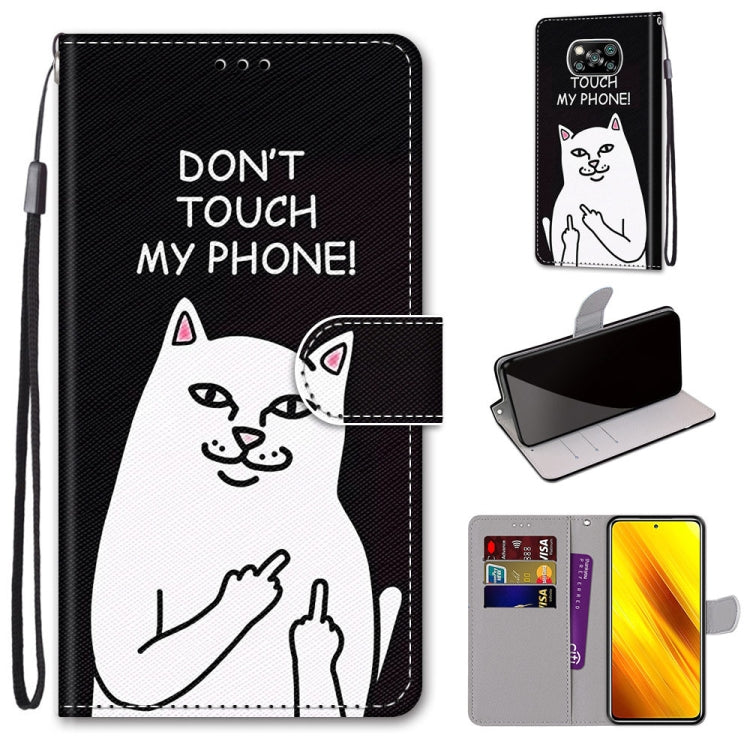 Black PU leather phone wallet flip case with cat illustration, card slots and wrist strap