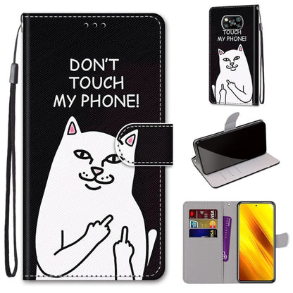 Black PU leather phone wallet flip case with cat illustration, card slots and wrist strap