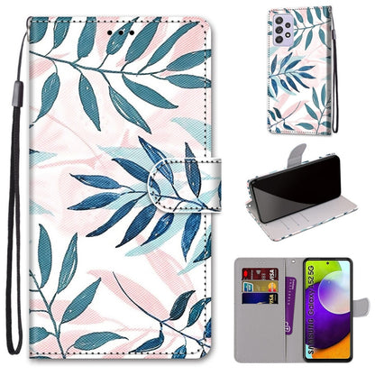Leaf-print PU leather phone case with cross texture, card slots, and wrist strap