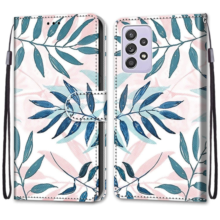 Leaf-print PU leather folio phone case with card slots and wrist strap, open and closed