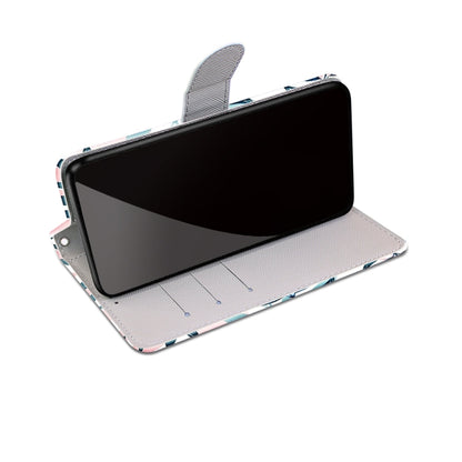 Leaf-print folio phone wallet case with dark screen cover and card-slot interior