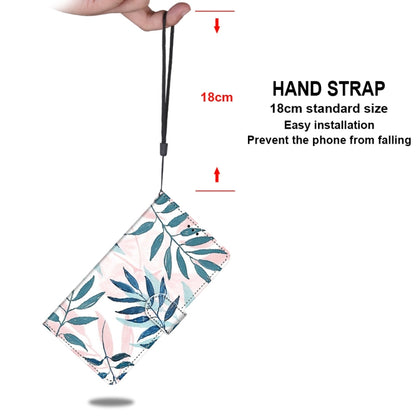 Leaf-print PU leather phone case with hand strap lanyard