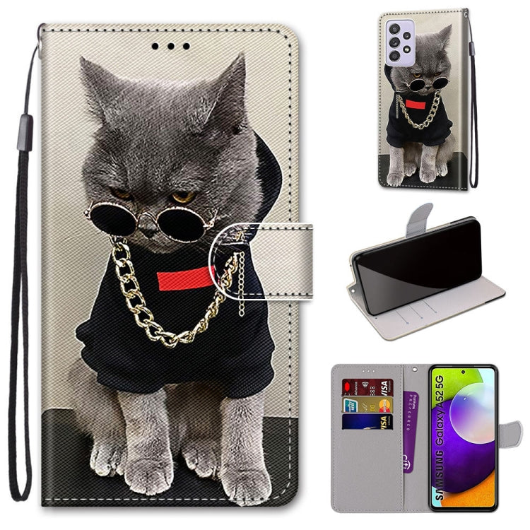 Gray cat PU leather phone wallet case with flip cover, card slots, and lanyard; sunglasses and chain