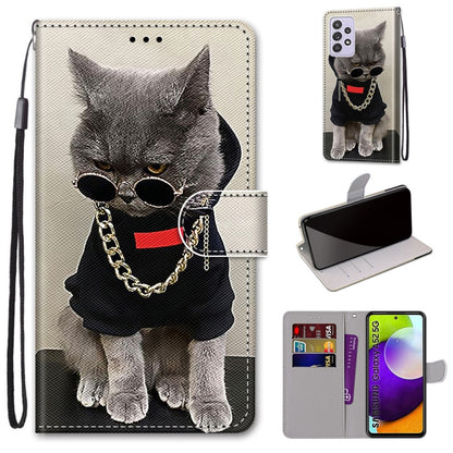Gray cat PU leather phone wallet case with flip cover, card slots, and lanyard; sunglasses and chain