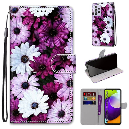 Purple and white daisy PU leather phone wallet case with flip cover, card slots, and lanyard