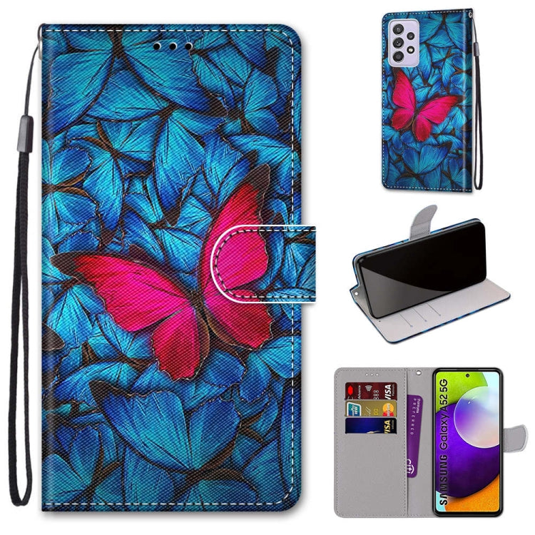 Blue and red leaf PU leather phone wallet case with flip cover, card slots, and lanyard