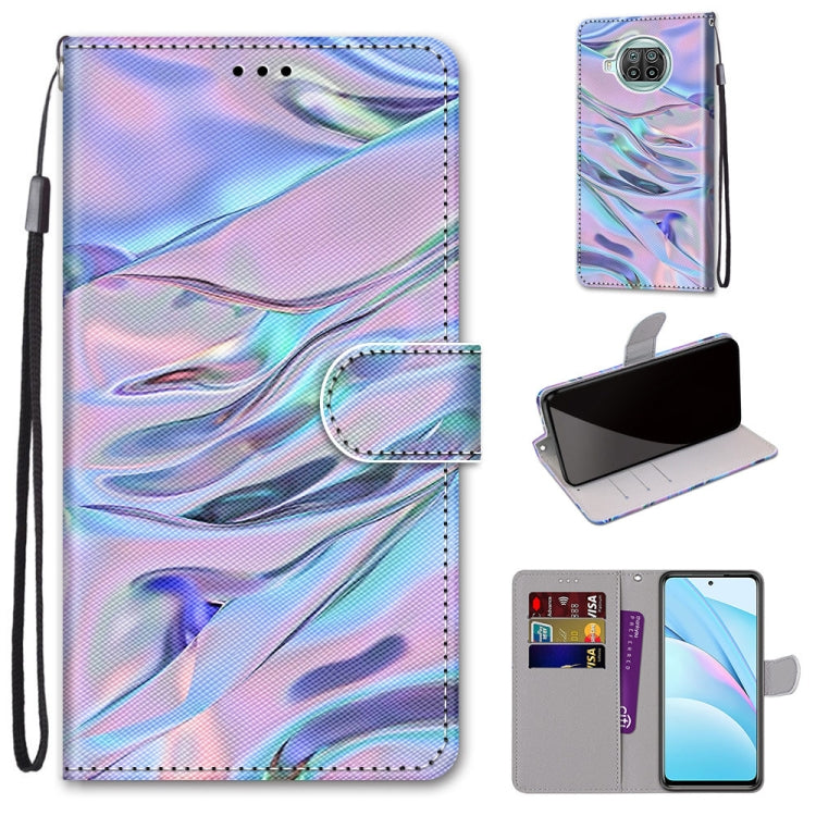 Phone wallet case with lanyard strap, iridescent blue/pink folio cover, card slots