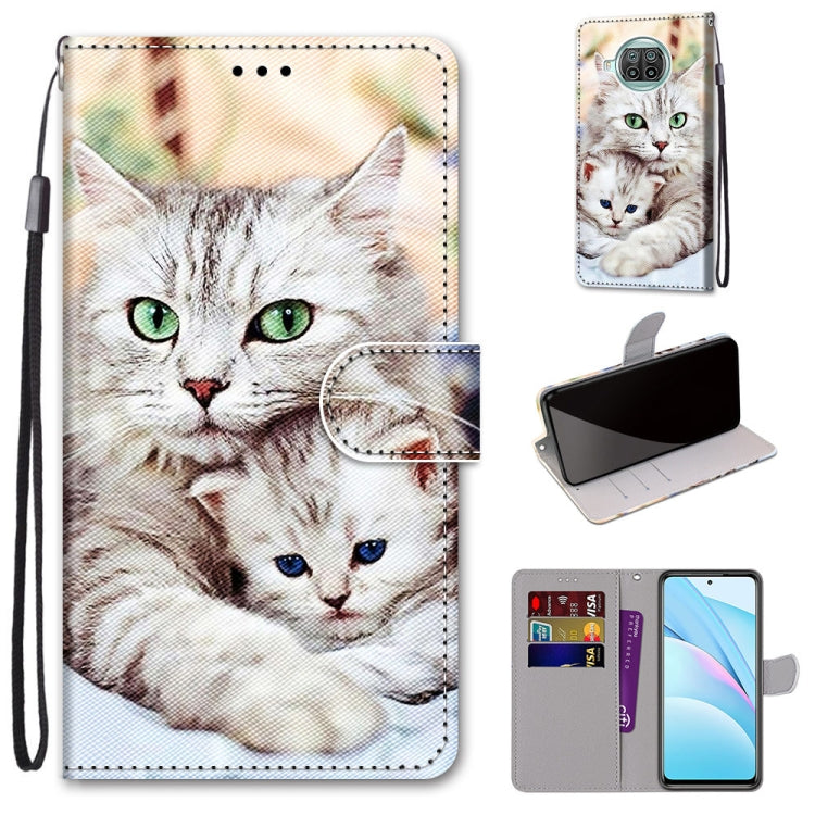 PU leather phone wallet case with lanyard; white cat and kitten print, flip cover