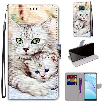 PU leather phone wallet case with lanyard; white cat and kitten print, flip cover