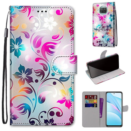 PU leather phone wallet case with lanyard; colorful floral swirl print, flip cover