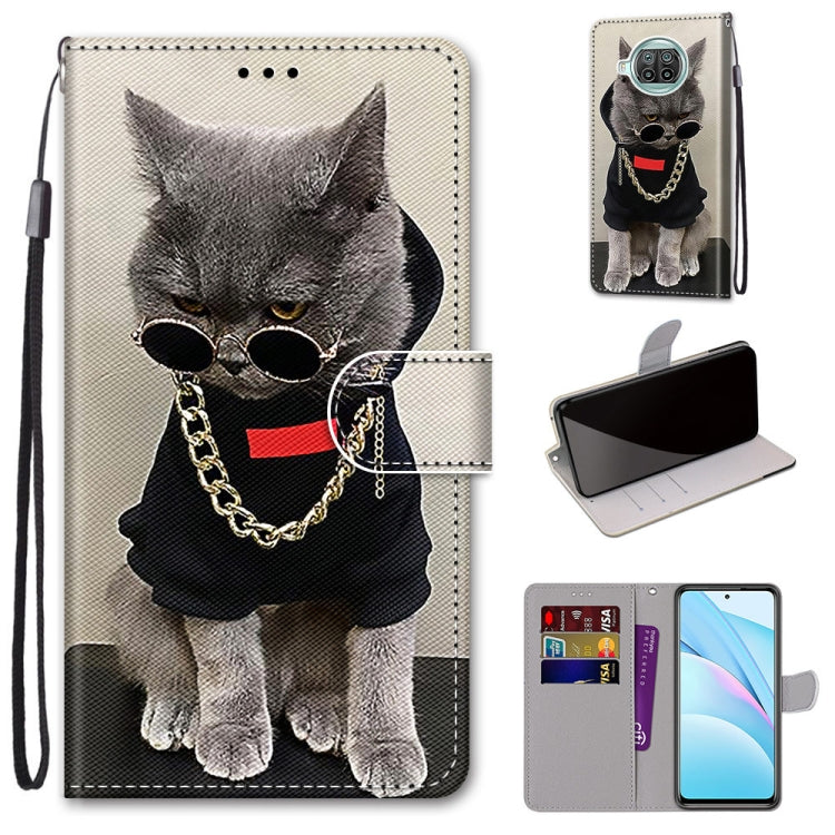 PU leather phone wallet case with lanyard; gray cat wearing glasses chain, flip cover