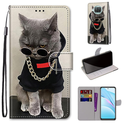 PU leather phone wallet case with lanyard; gray cat wearing glasses chain, flip cover
