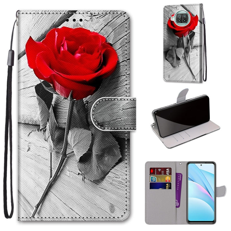 PU leather phone wallet case with lanyard; red rose print, flip cover with strap