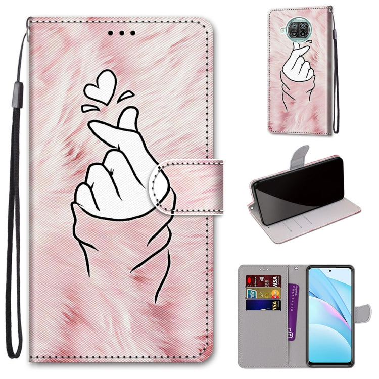 PU leather phone wallet case with lanyard; line-art hand with heart, flip cover