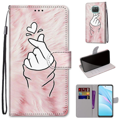 PU leather phone wallet case with lanyard; line-art hand with heart, flip cover