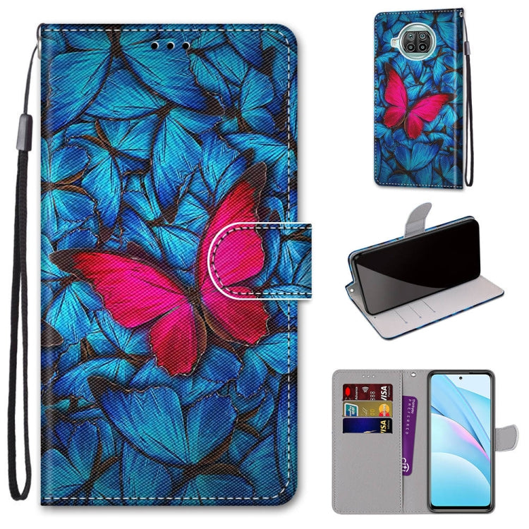 Phone wallet case with lanyard, flip cover, card slots; blue floral leaf pattern.