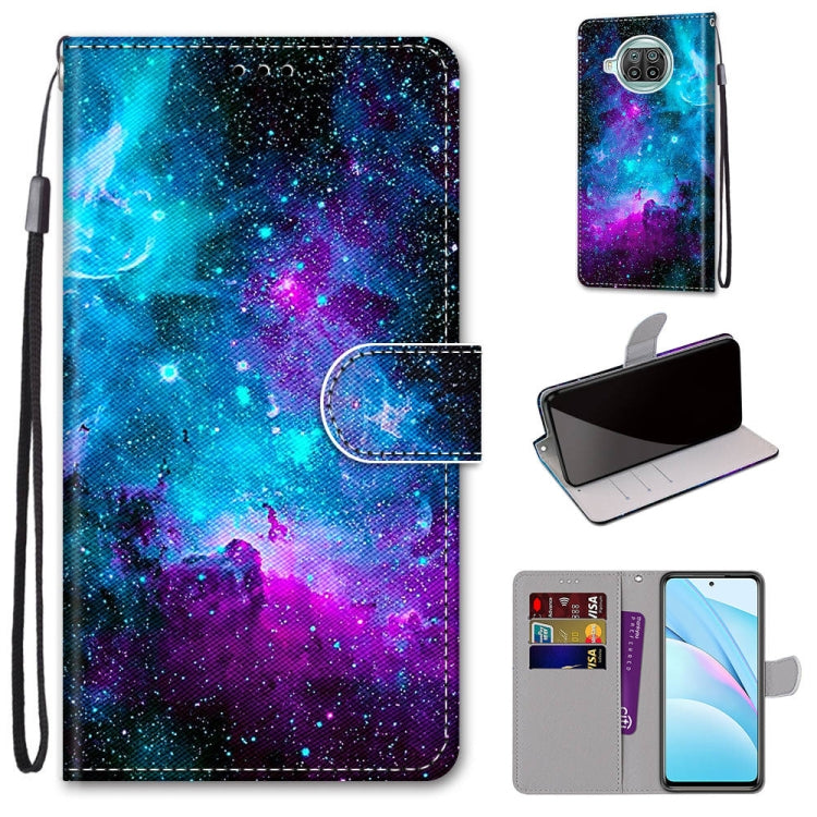 Phone wallet case with lanyard, flip cover, card slots; galaxy blue purple space print.