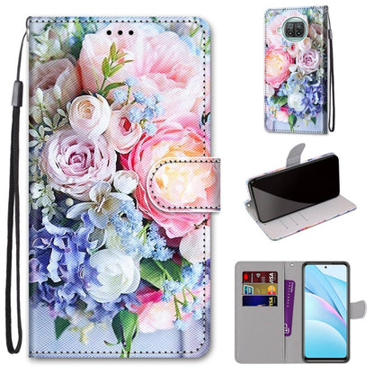 Phone wallet case with lanyard, flip cover, card slots; colorful rose flower print.
