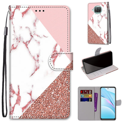 Phone wallet case with lanyard, flip cover, card slots; white red marbled glitter design.