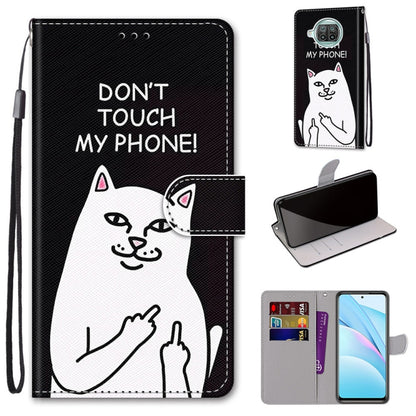 Phone wallet case with lanyard, flip cover, card slots; black and white cat cartoon design.