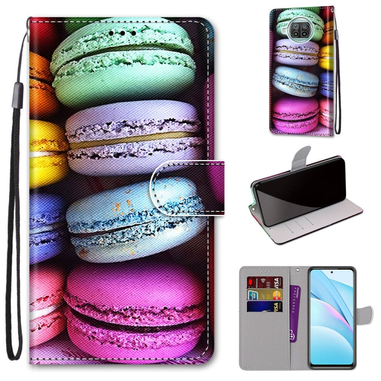 Phone wallet case with lanyard, flip cover, card slots; colorful macarons texture print.