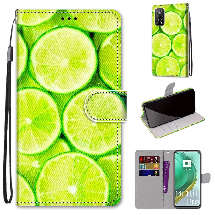 Phone wallet case with lanyard, flip cover, card slots; green lime slice pattern.