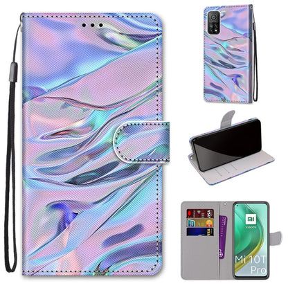 Phone wallet case with lanyard, flip cover, card slots; pastel blue purple marble swirl.