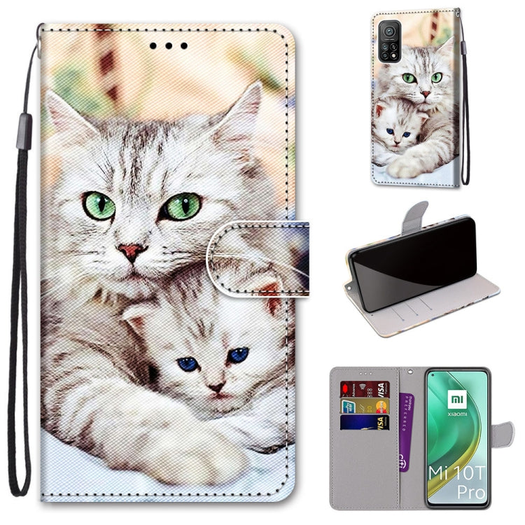 PU leather phone case with lanyard strap, card slots, and holder; light cat face illustration