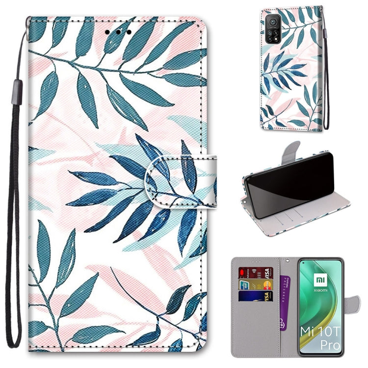 PU leather phone case with lanyard strap, card slots, and holder; blue leaf pattern