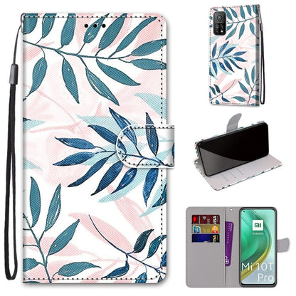 PU leather phone case with lanyard strap, card slots, and holder; blue leaf pattern