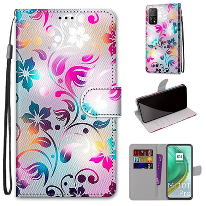 PU leather phone case with lanyard strap, card slots, and holder; colorful floral swirl pattern