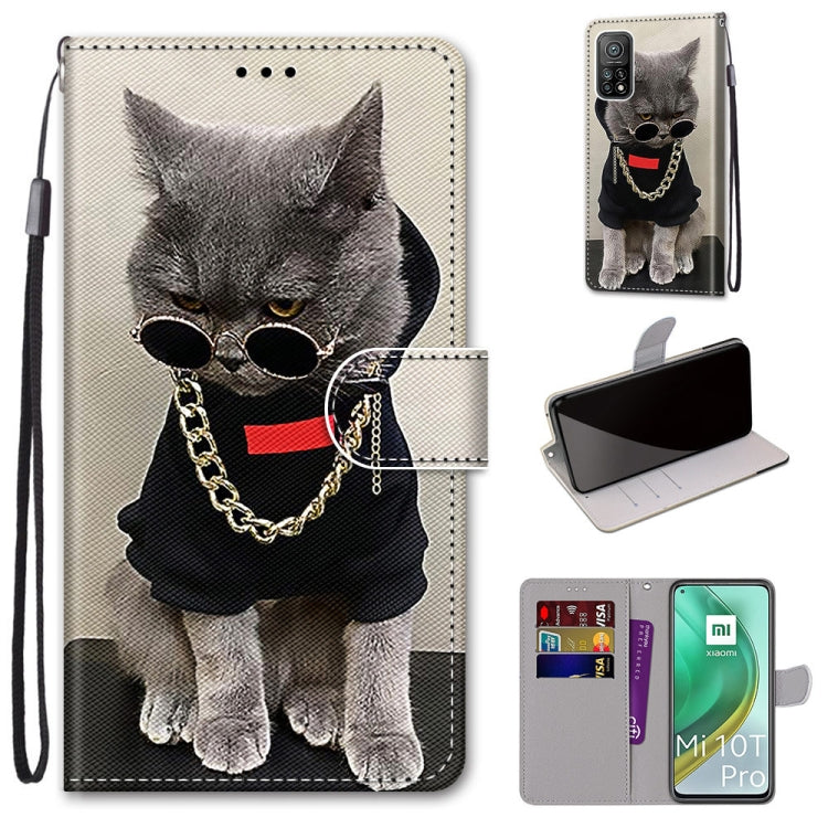 PU leather phone case with lanyard strap, card slots, and holder; gray cat with glasses and chain