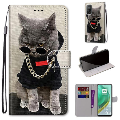 PU leather phone case with lanyard strap, card slots, and holder; gray cat with glasses and chain