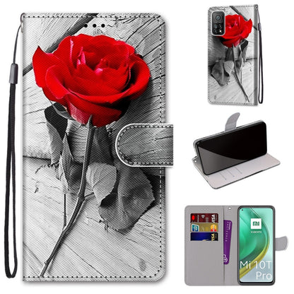 PU leather phone case with lanyard strap, card slots, and holder; red rose on monochrome backdrop
