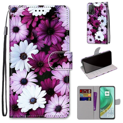 PU leather phone case with lanyard strap, card slots, and holder; purple and white flower print