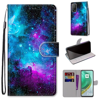 Galaxy starry blue/purple PU phone wallet case with flip cover, card slots, wrist strap