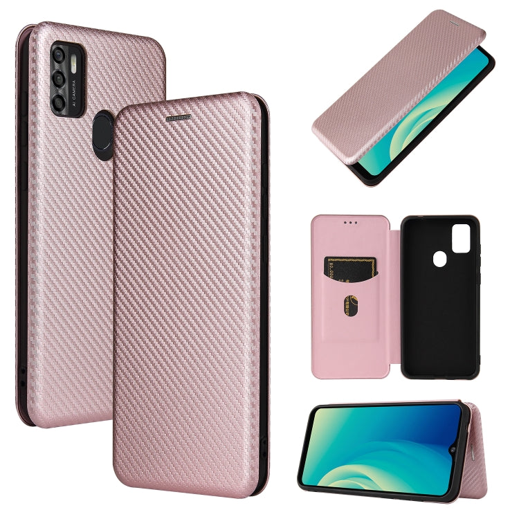 Pink magnetic flip phone case with carbon fiber texture and card slot