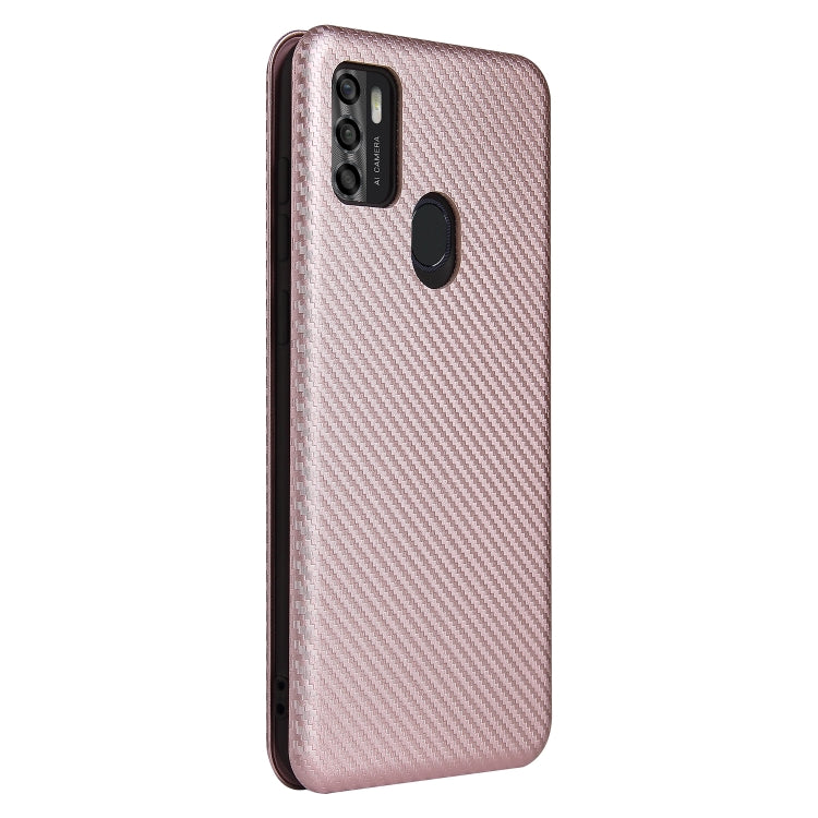 Pink carbon fiber texture flip case with camera cutouts, back view