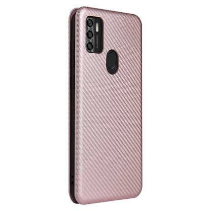 Pink carbon fiber texture flip case with camera cutouts, back view