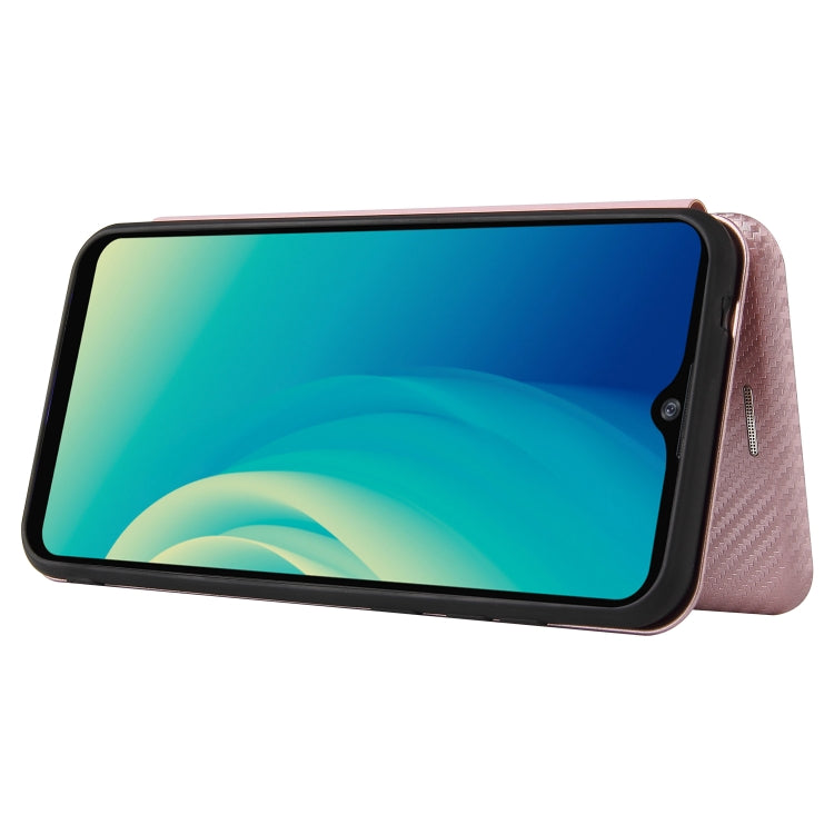 Pink carbon fiber texture magnetic flip case, folded view with screen exposed