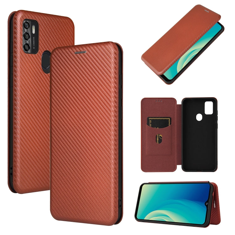 Brown carbon fiber textured magnetic flip phone case with card slot, protective TPU/PC shell