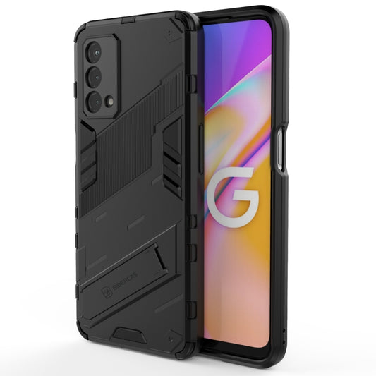 Rugged black phone case with textured armor design and side kickstand holder