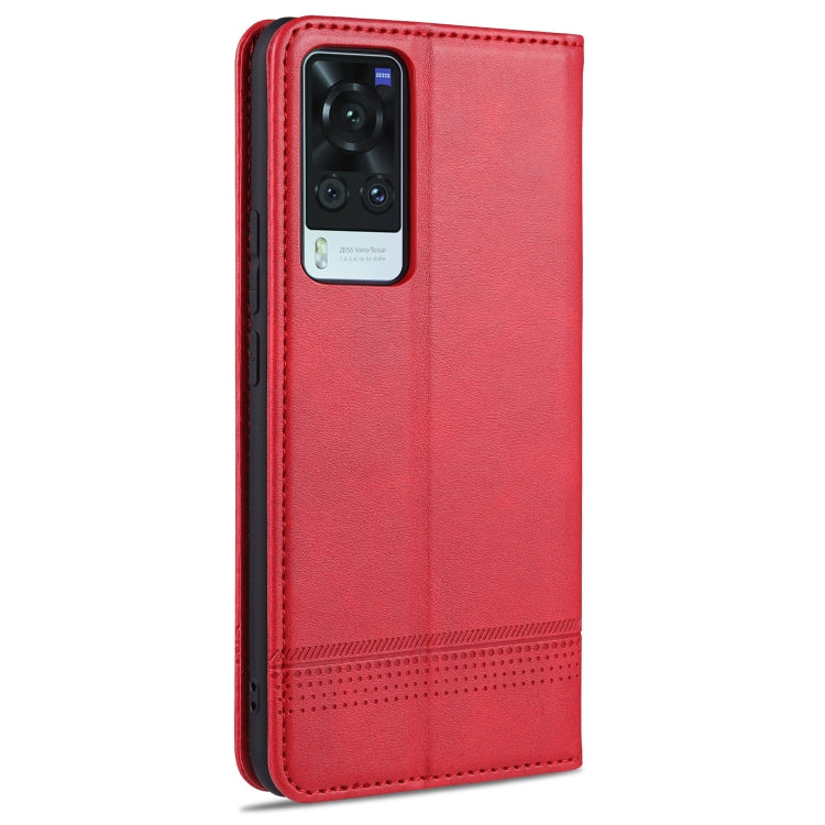 Red flip leather wallet case with camera cutout and card slots, for vertical phone