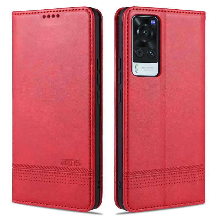 Pair of red leather flip phone cases with magnetic closure, card slots, and camera cutout