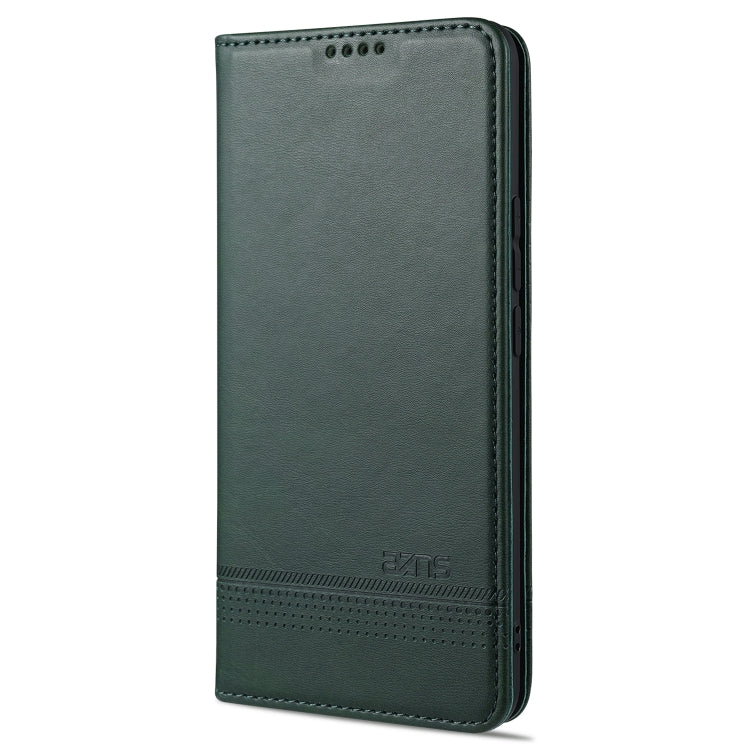 Dark green leather flip phone case with magnetic closure and card slots, for vertical phone