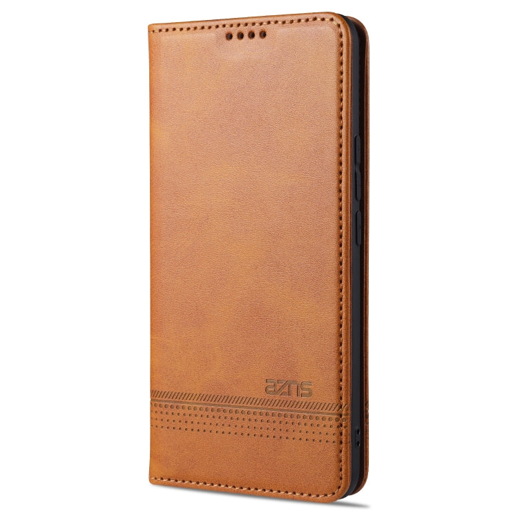 Magnetic flip leather phone case, tan with cutout for camera and speaker holes at top