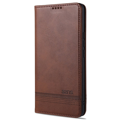 Magnetic flip leather phone case, dark brown with card slot detail and top camera cutout holes